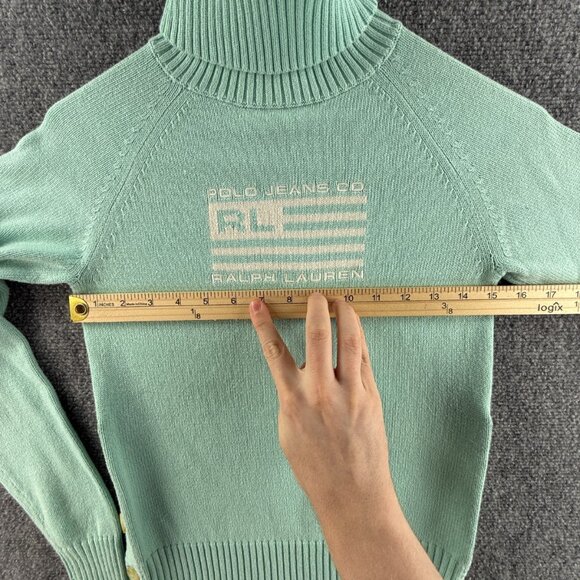 Ralph Lauren Polo Jeans Women Flag Sweater Light Blue Turtleneck Small Cotton - Picture 8 of 16